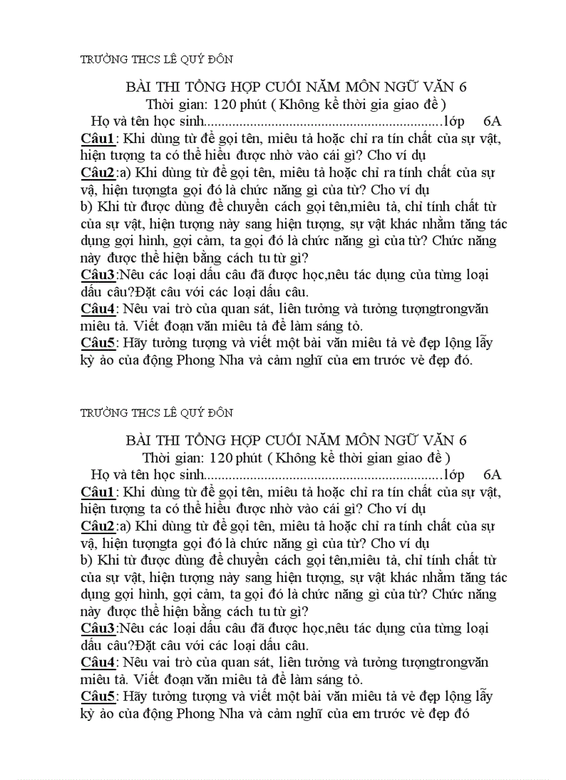 Bài thi tổng hợp cuối năm khảo sát HSG Ngữ Văn 6