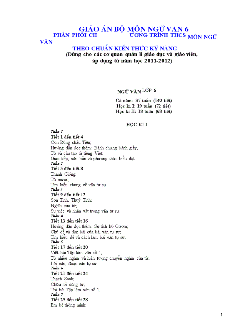 Giáo án Văn 6 cả năm trọn bộ 2011 2012