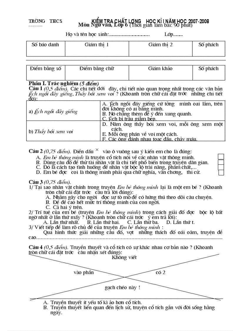 Đề KT Ngữ văn 6 HK I