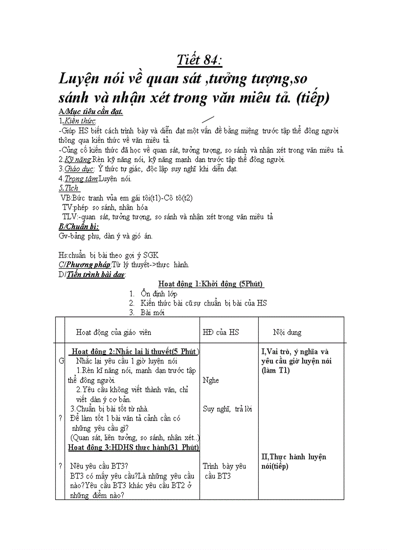 Tiết84 luyện nói về quan sát so sánh tưởng tượng trong văn miêu tả