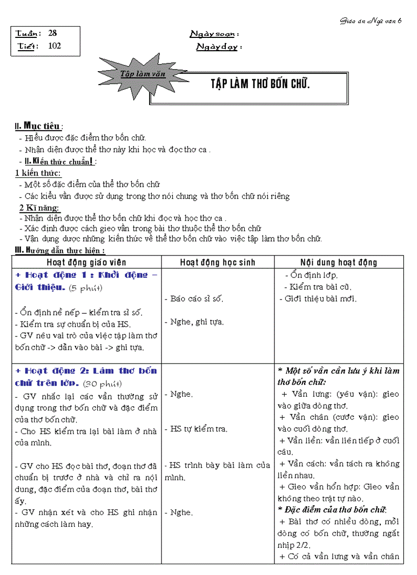 NGỮ VĂN 6 Tập làm thơ bốn chữ LH