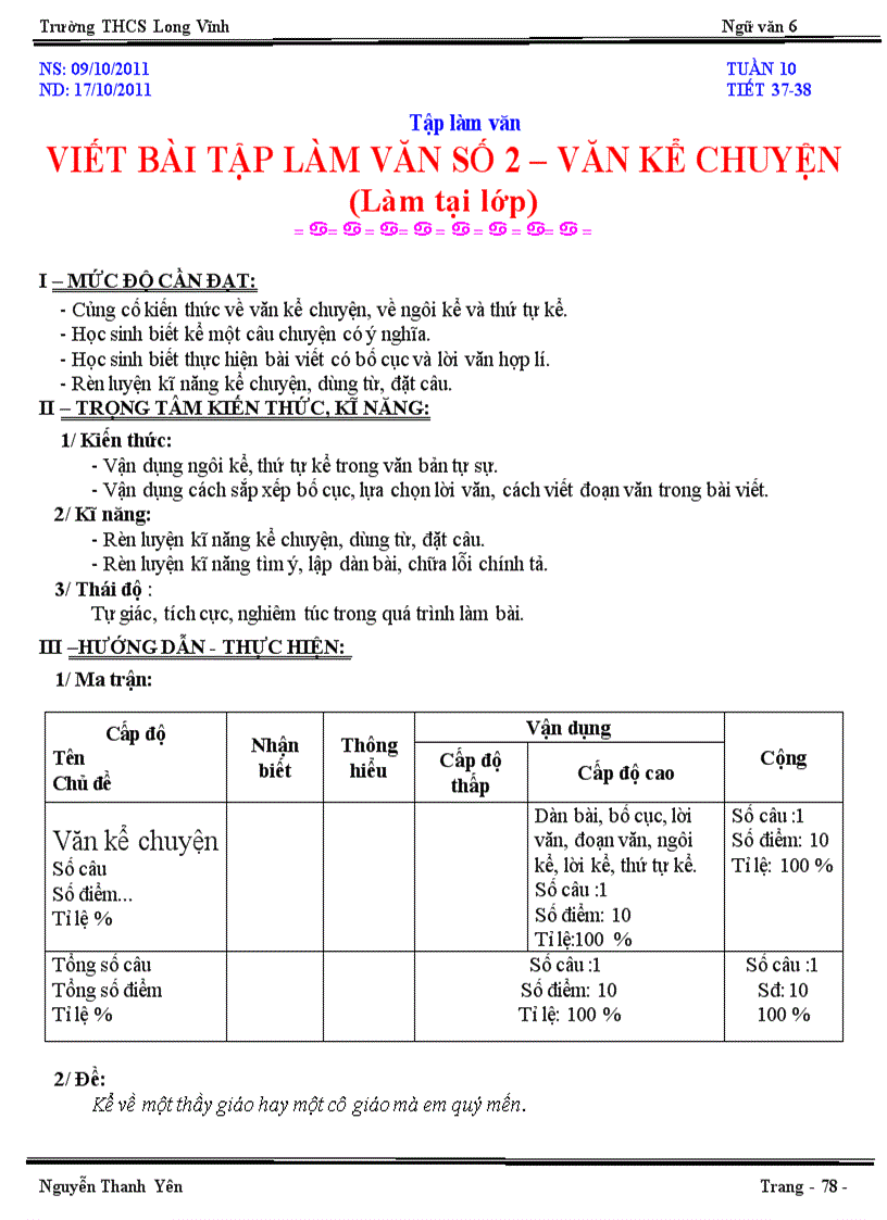 Văn 6 Tuần 10 Chuẩn PPCT mới