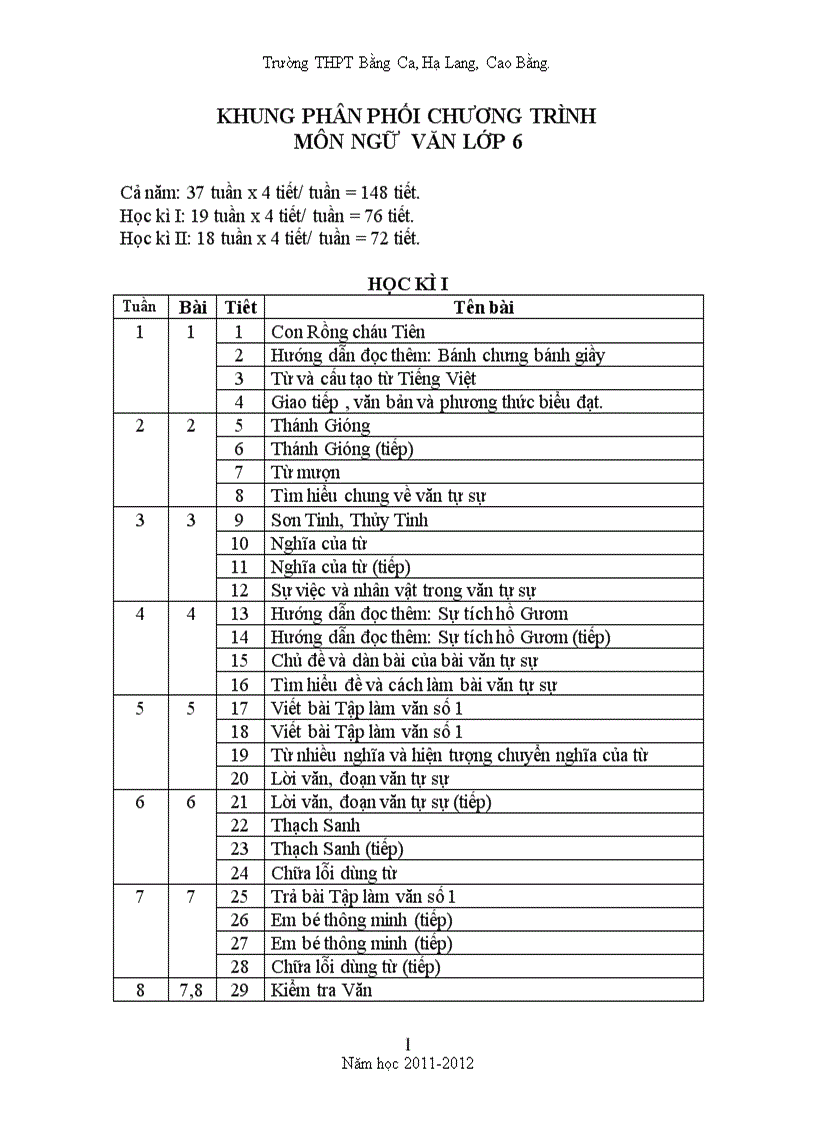 Khung phân phối chương trình môn Ngữ Văn lớp 6 năm học 2011 2012 37 tuần