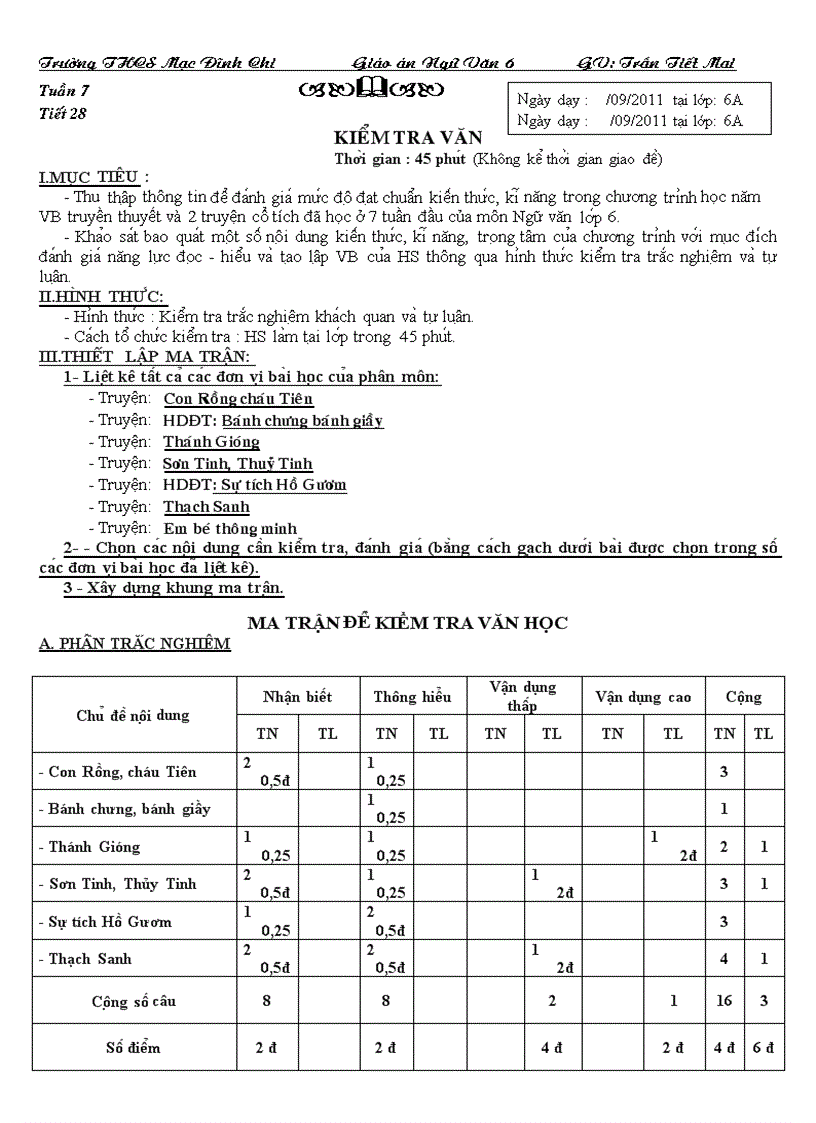 KIỂM TRA VĂN HỌC TUẦN 7 TIẾT 28 có ma trận