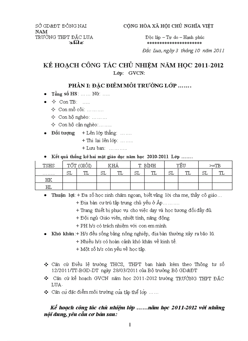 Kế hoạch chủ nhiệm