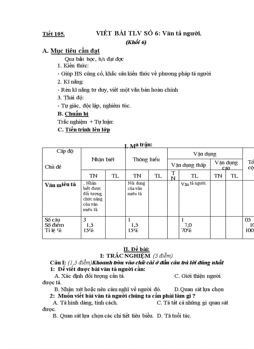 Tiết 105 viết bài TLV số 6 Lớp 6