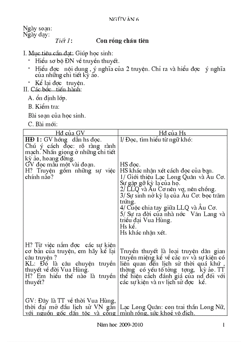 Ngữ văn 6 năm học 2009 2010