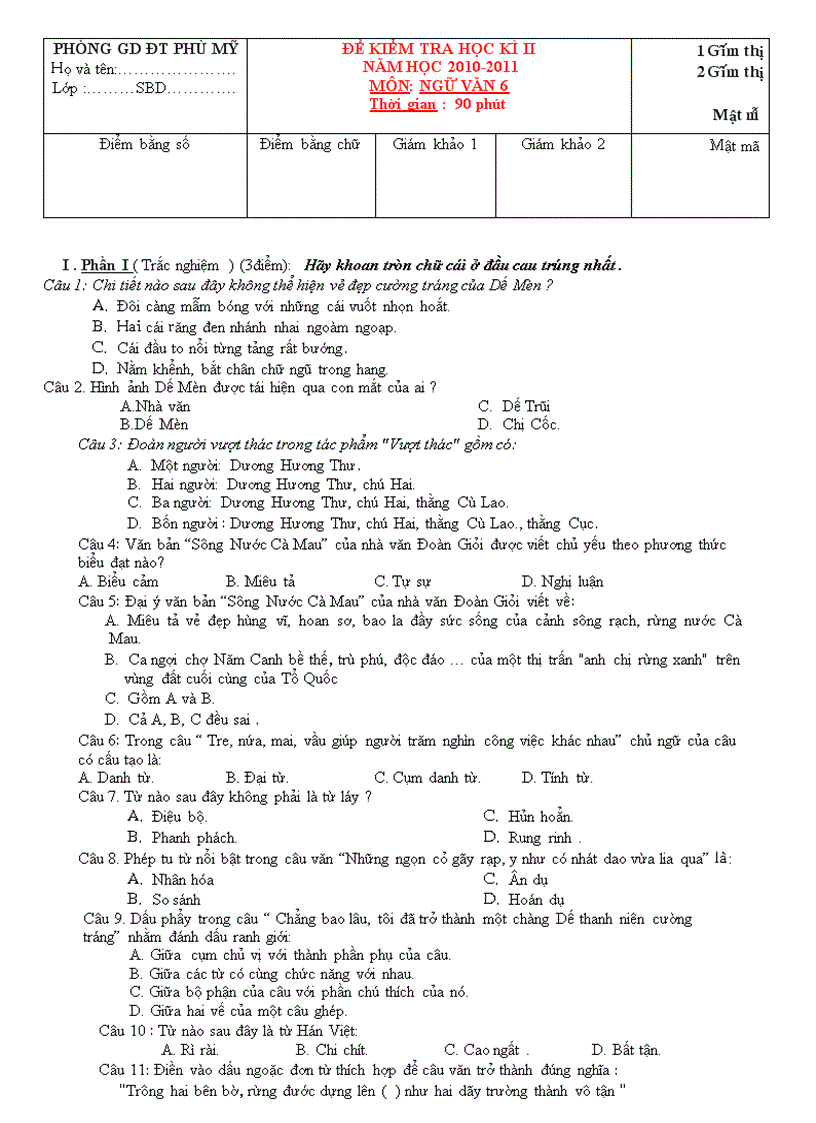 Đề thi hk ii văn 6 2011