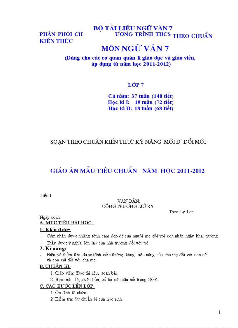 Giáo án văn 7 cả năm chuẩn chi tiết năm học 2011 2012