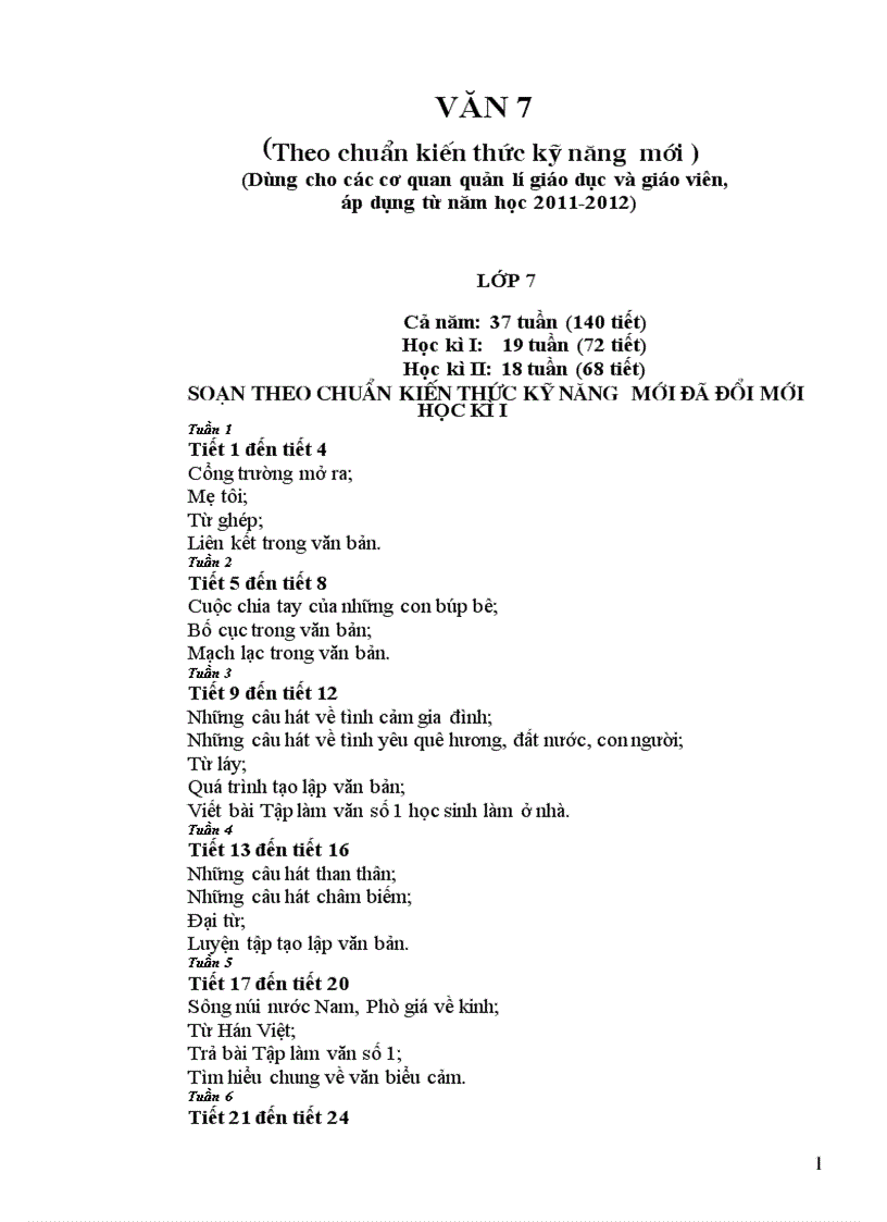 Giáo án văn 7 cả năm theo chuẩn 2011 2012