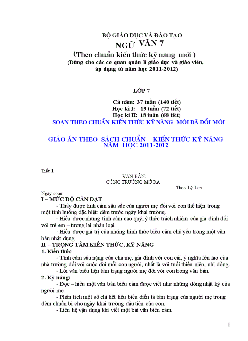 Giáo án ngữ văn 7 cả năm theo chuẩn 2011 2012