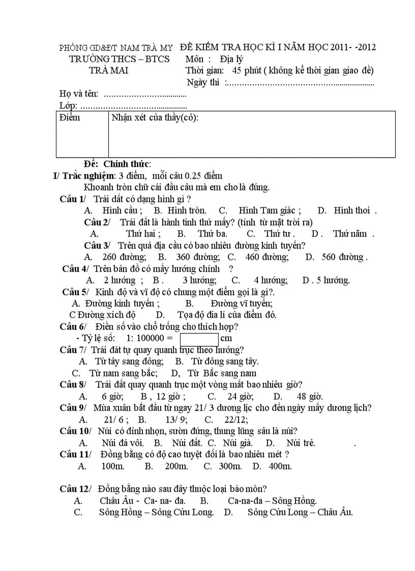 Đề và bài kiểm tra môn đia HKI 2011 2012