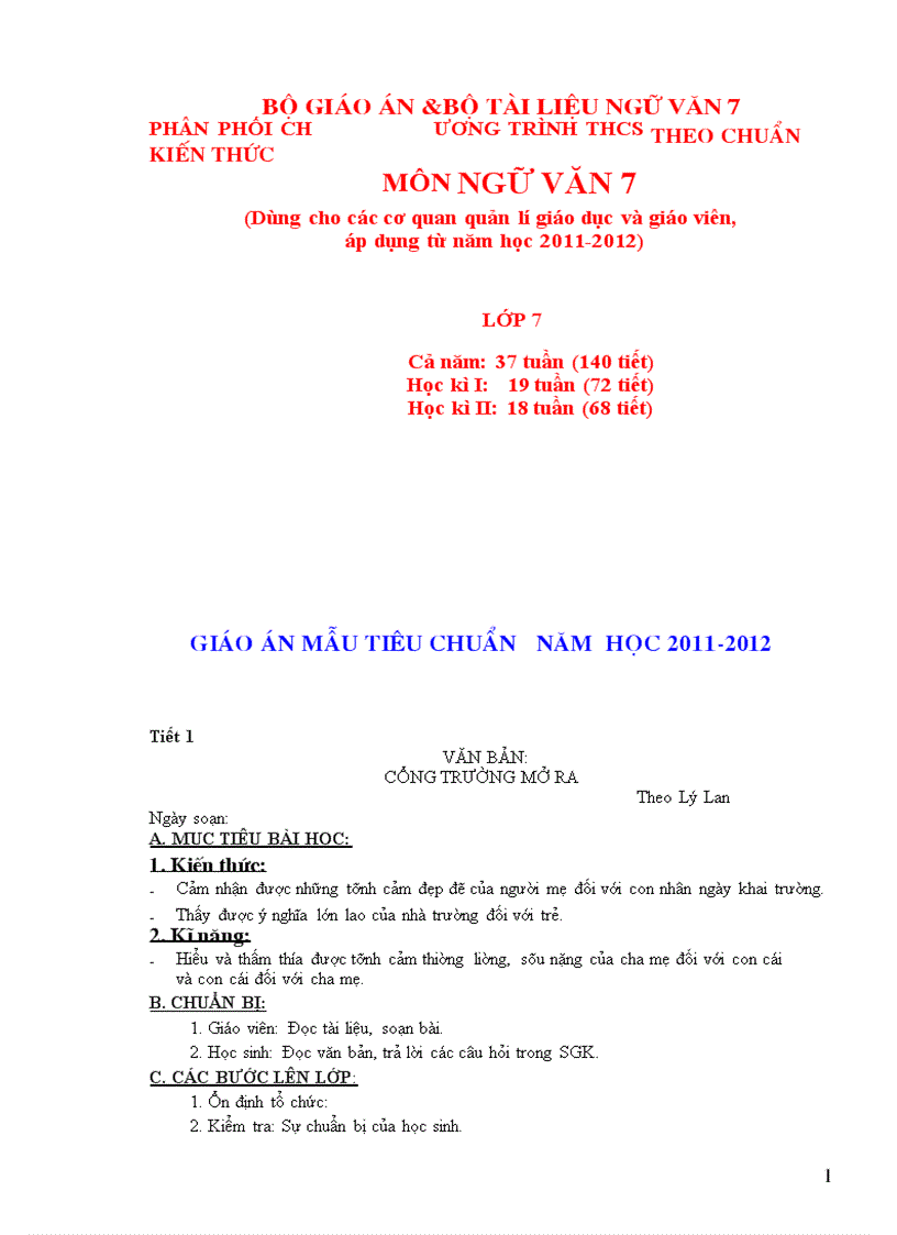 Giáo án Văn 7 chuẩn mới năm 2011 2012