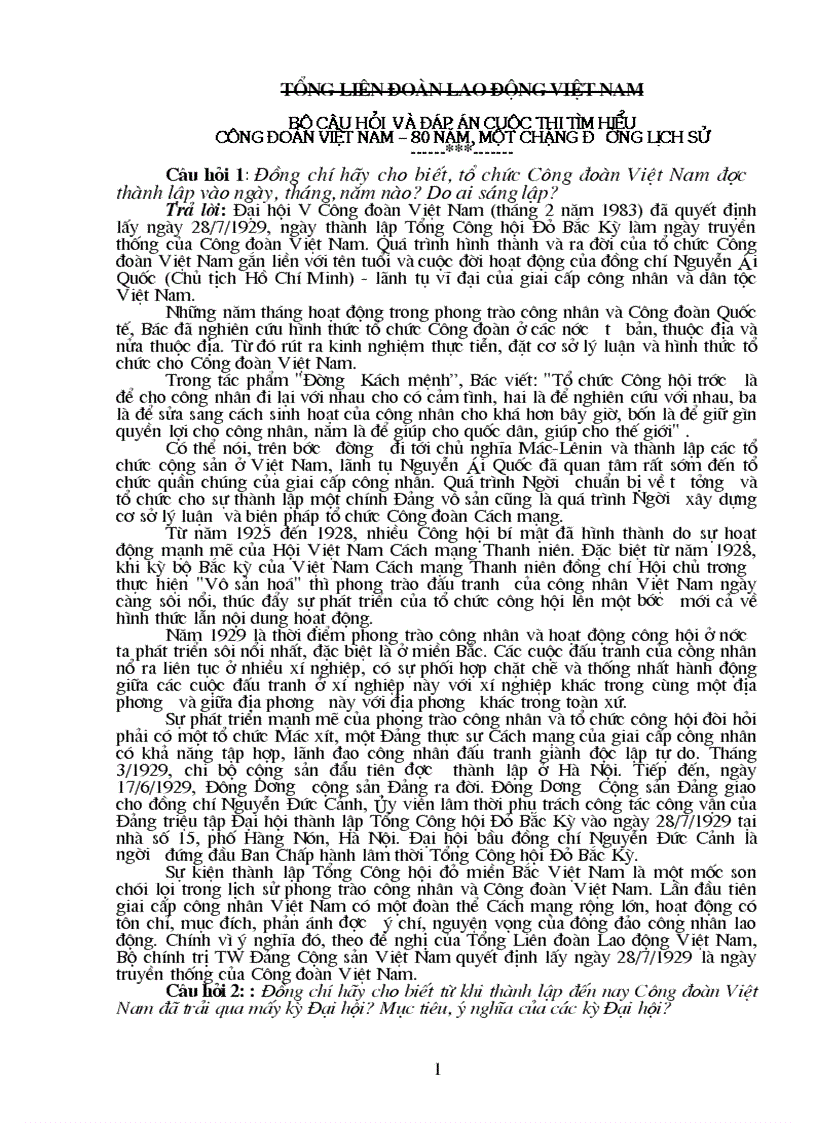 Đáp án Thi tìm hiểu 80 năm Công Đoàn Việt Nam 2009