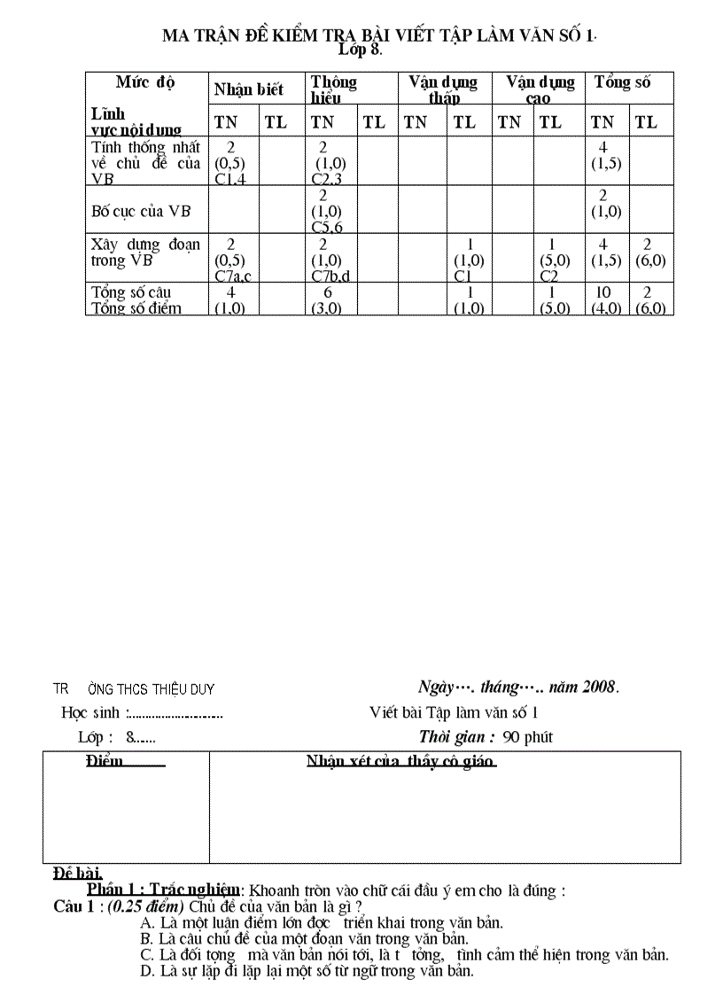 Bài KT số 1 ma trận