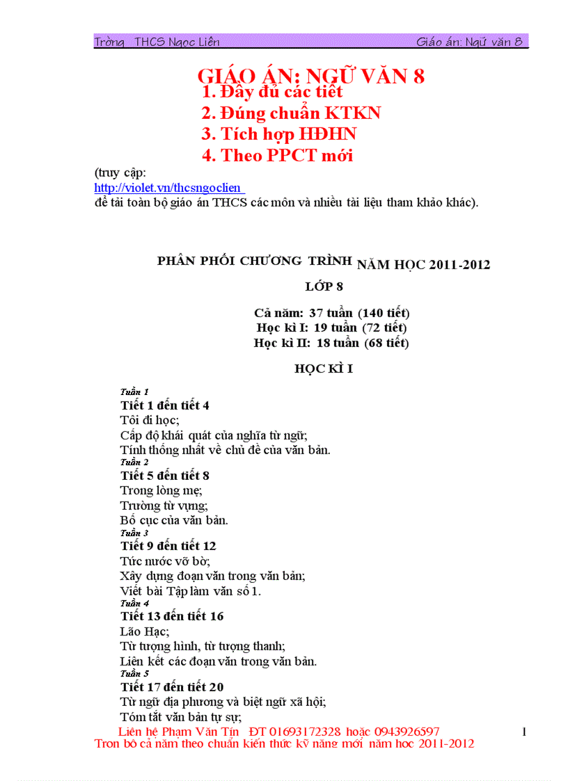 Văn 8 cả năm ppct mới hay