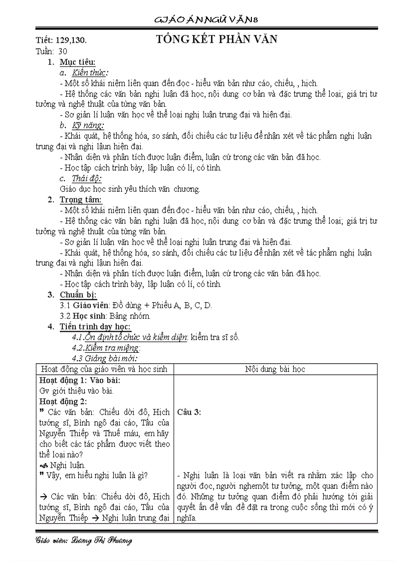 Giao an tổng kết văn học tiết 129 130