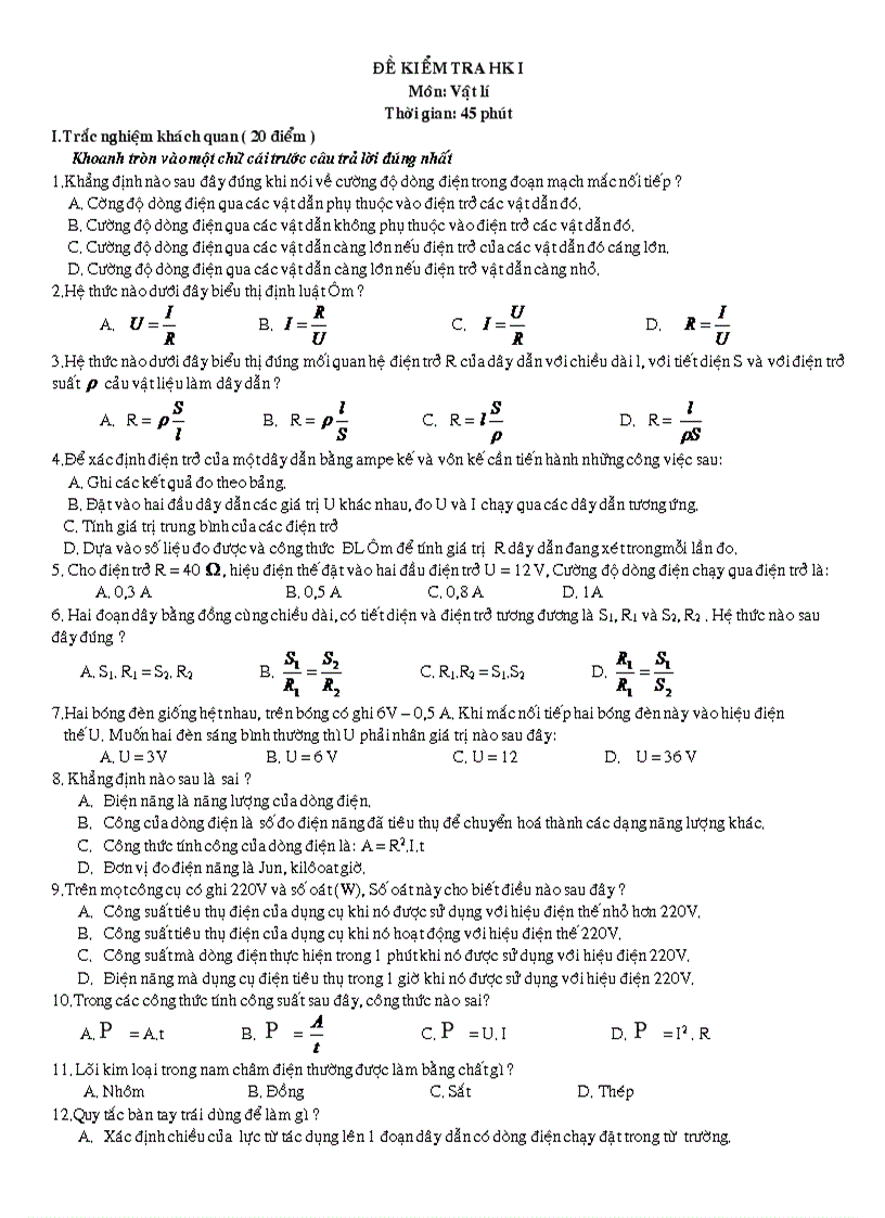 Đề thi học kì I lý 9