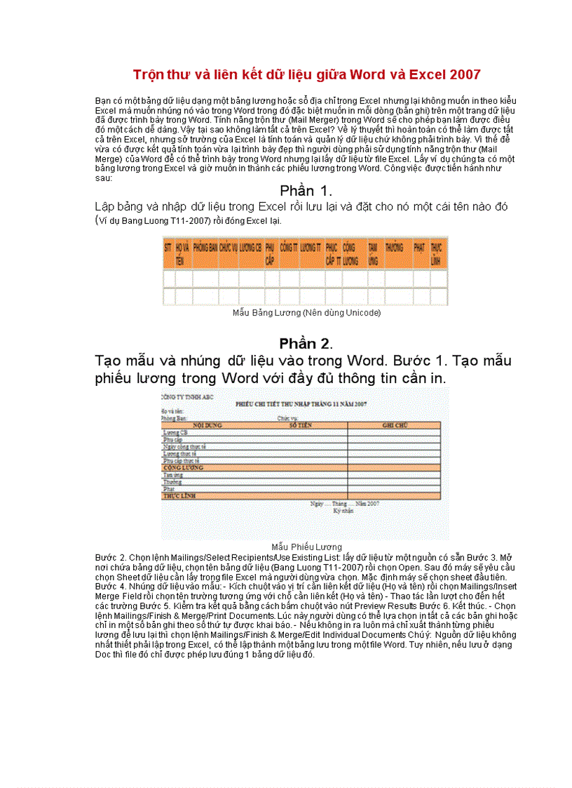 Trộn thư và liên kết dữ liệu giữa Word và Excel 2007