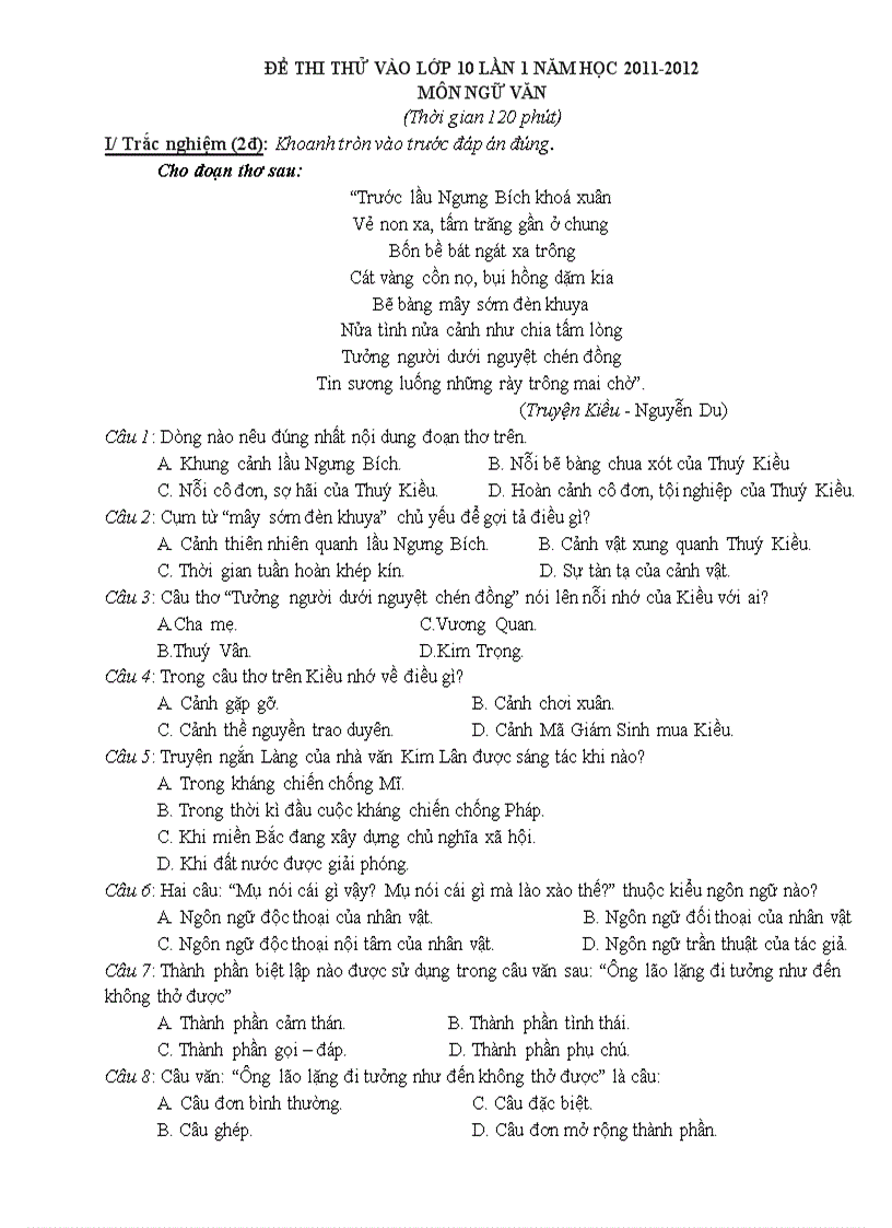 Đề thi thử vào 10 môn ngữ văn 9