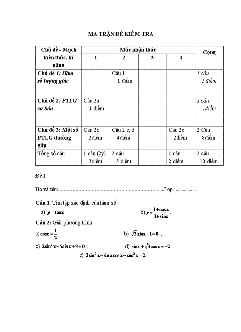 Ma tran de kiem tra 1 tiet lop 11