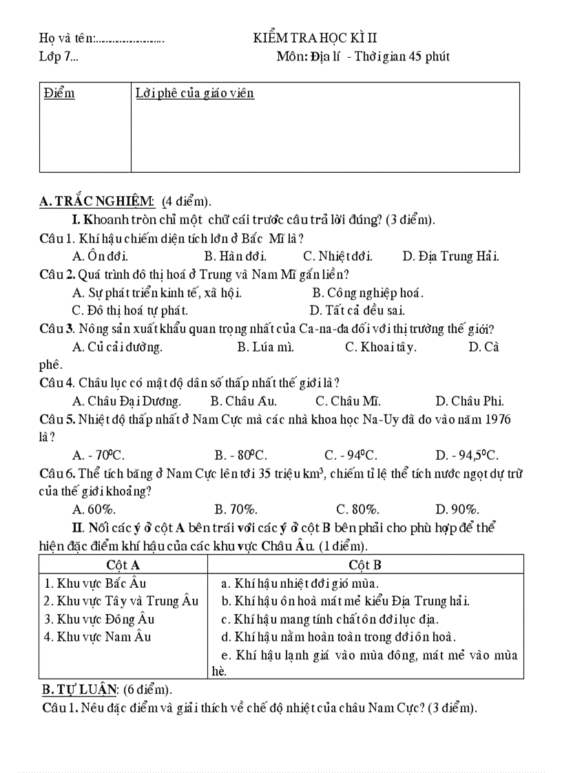 Đề thi địa lí 7 hk II