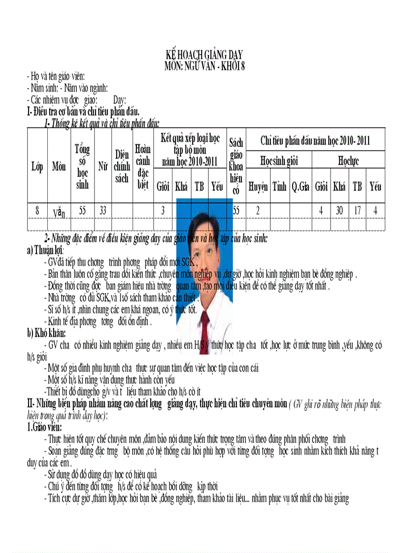 Kế hoạch giảng dạy môn ngữ văn 8 2010 2011