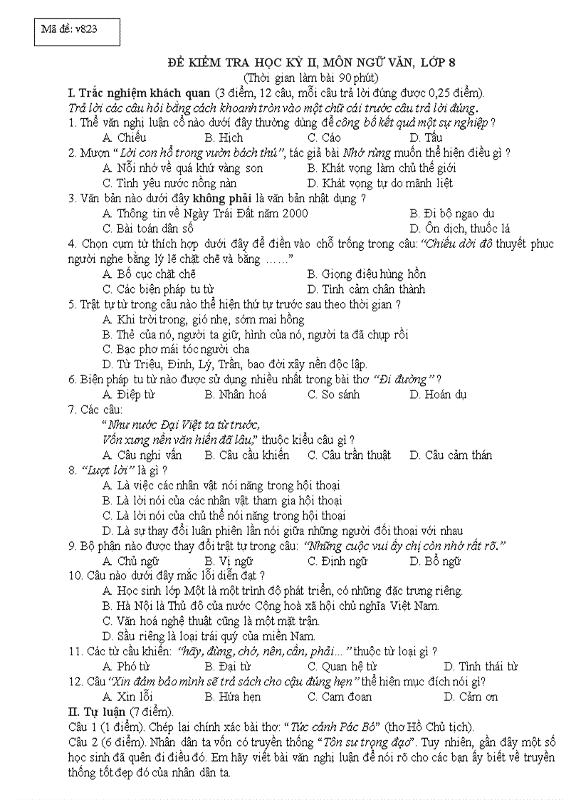 Đề đáp án văn 8 kỳ II