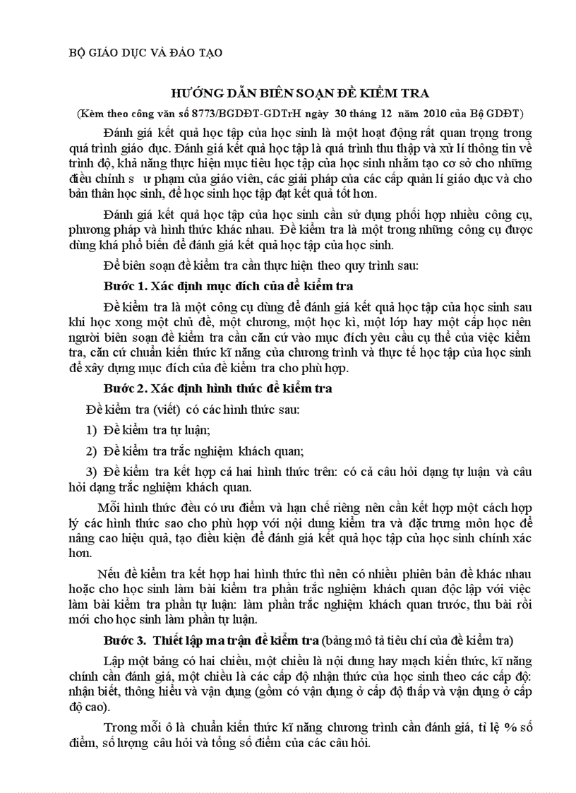 Hướng dẫn ra đề kiểm tra củ Bộ Giáo dục