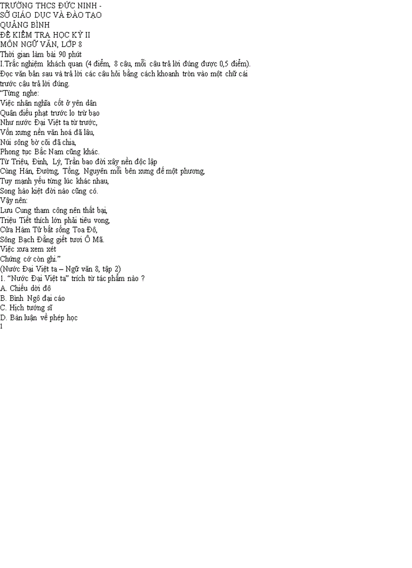 Đề KT Học kì II Ngữ Văn 8 BGD 8
