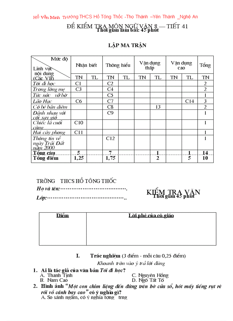 Đề KT Ngữ văn 8 tiết 41 Minh