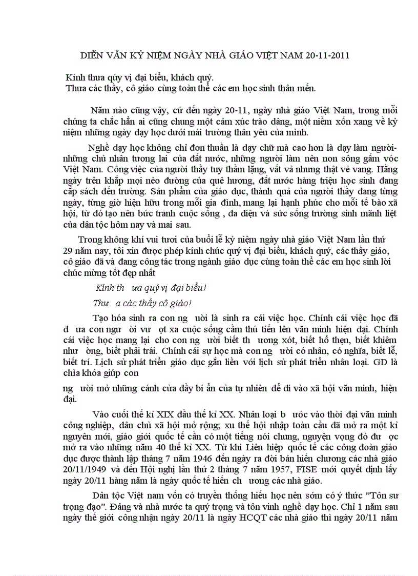 Diễn văn kỷ niện ngày nhà giáo Việt Nam