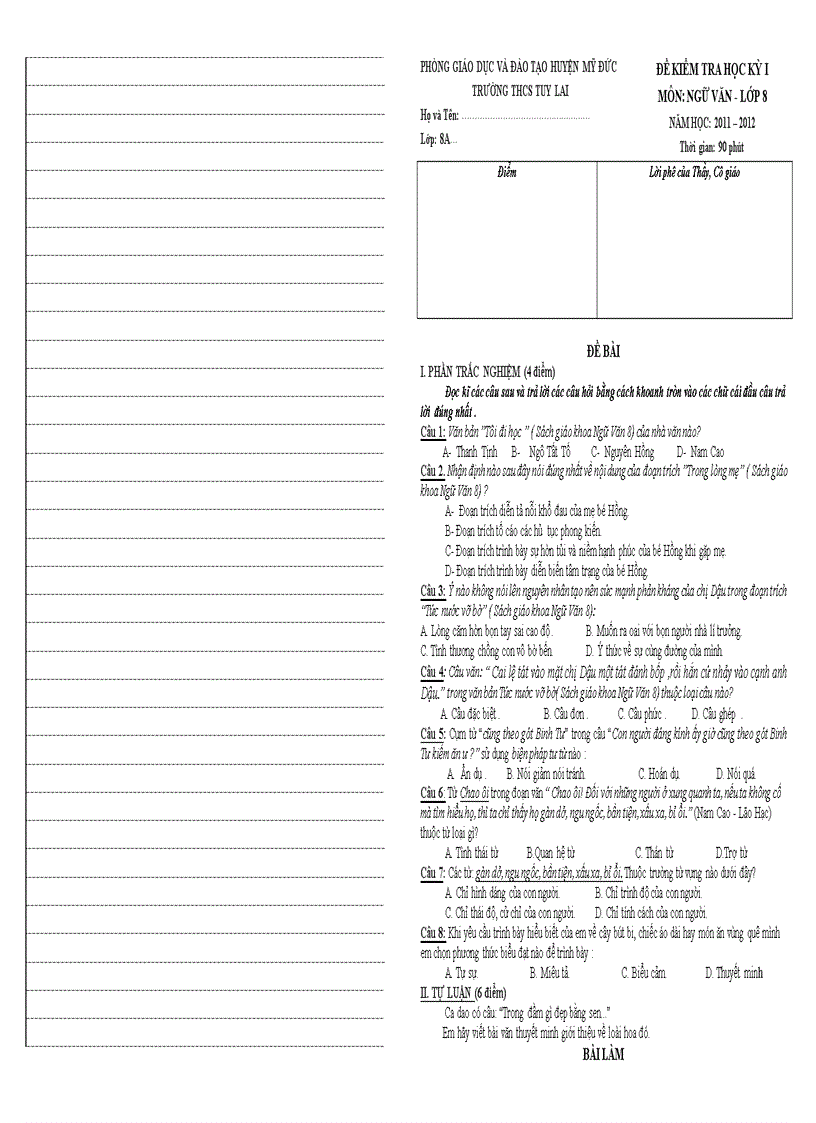 Đề kiểm tra học kỳ i môn văn