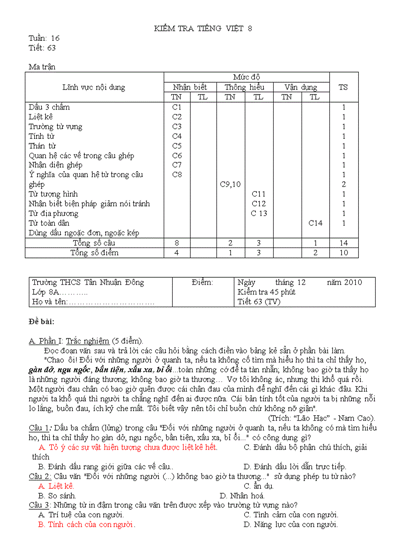 Tiết 63 kt lớp 8