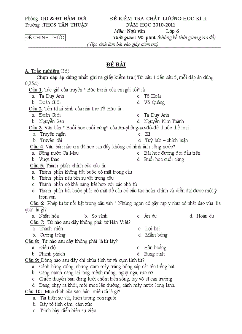 Đề thi văn 6 chuẩn KTKN 2010 2011