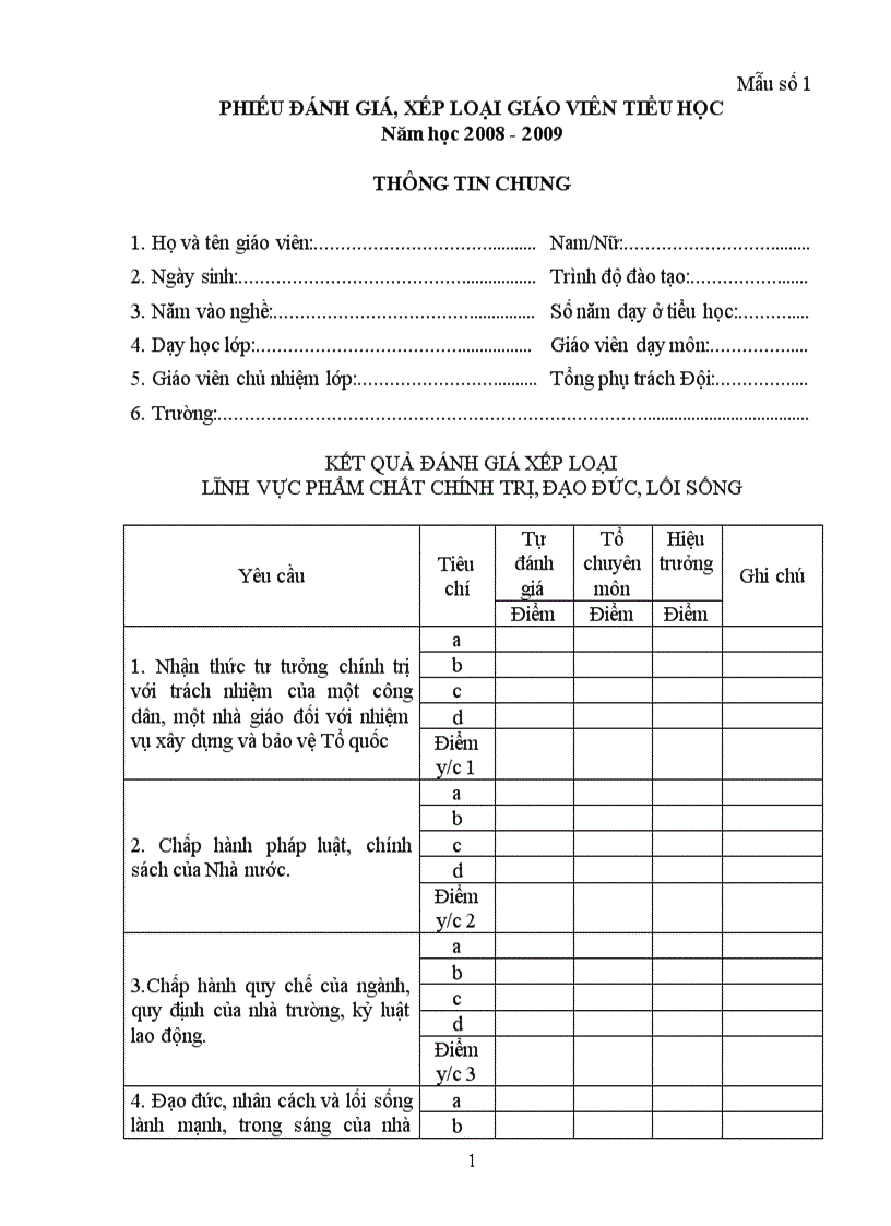 Phiếu đánh giá LV1 LV3 Tiểu học