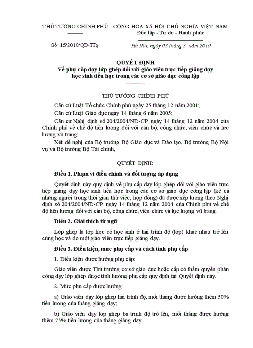 QĐ số 15 Phụ cấp dạy lớp ghép