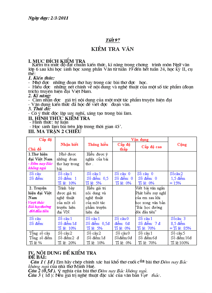 Mẫu Ma trận mới cho BKT 2 2011