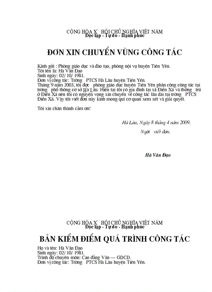 Don xin chuyen vung cong tac Co kem mau kiem diem qua trinh cong tac chuan