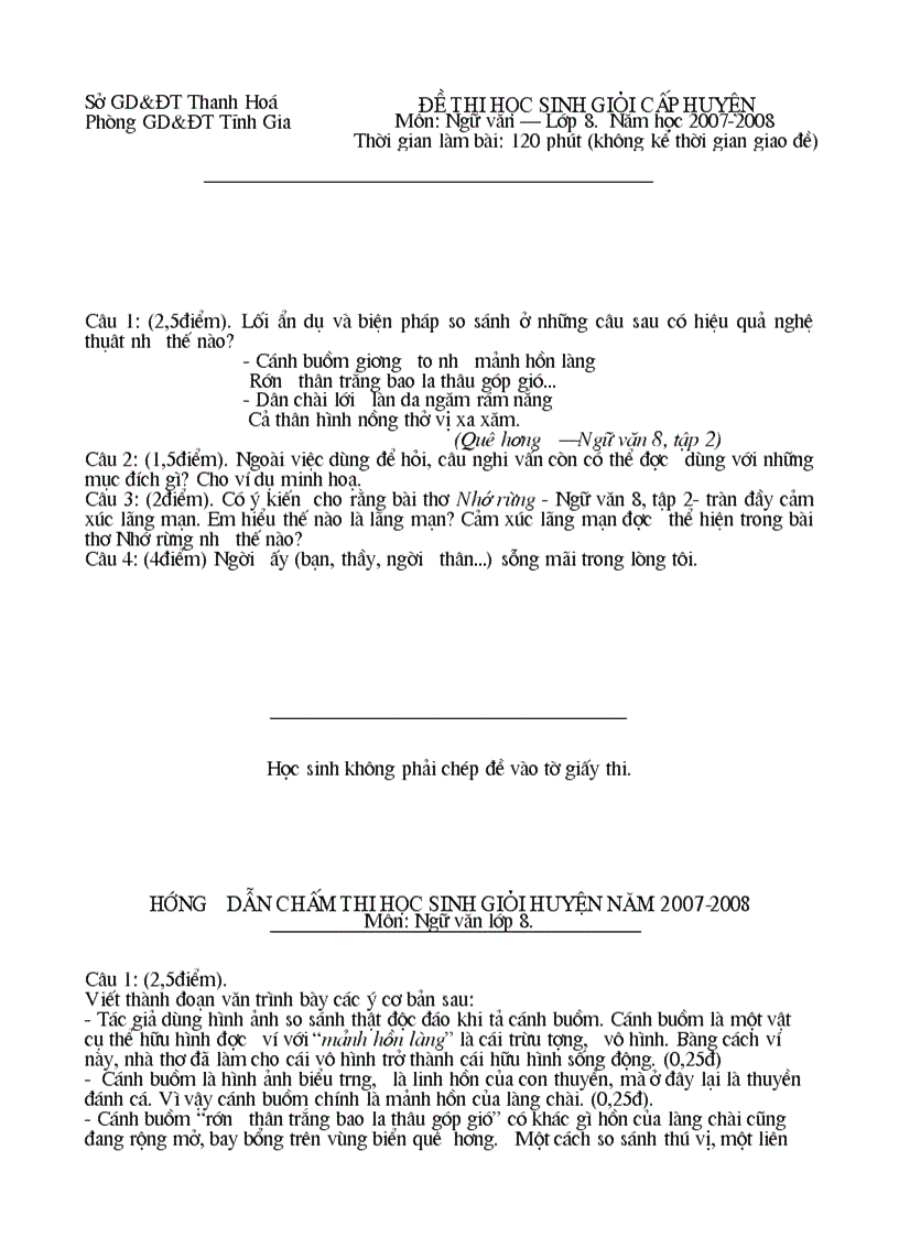 Đề thi HSG cấp huyện môn Ngữ Văn 8 Có đáp án kèm theo