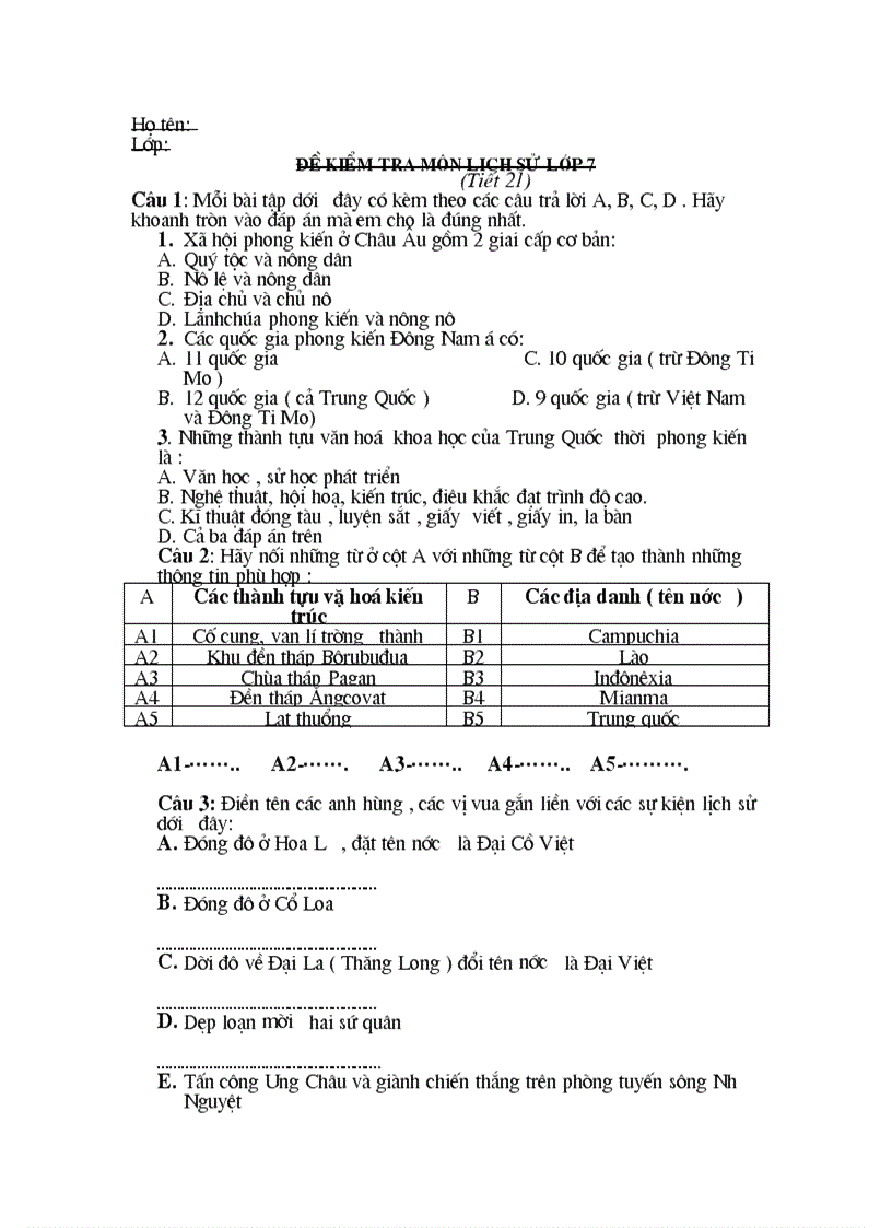 Đề kiểm tra sử 7