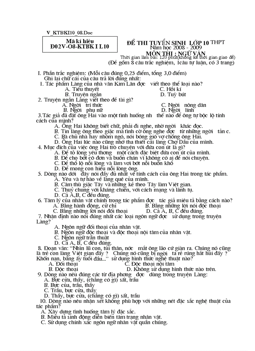 Đề thi tyển sinh vào 10