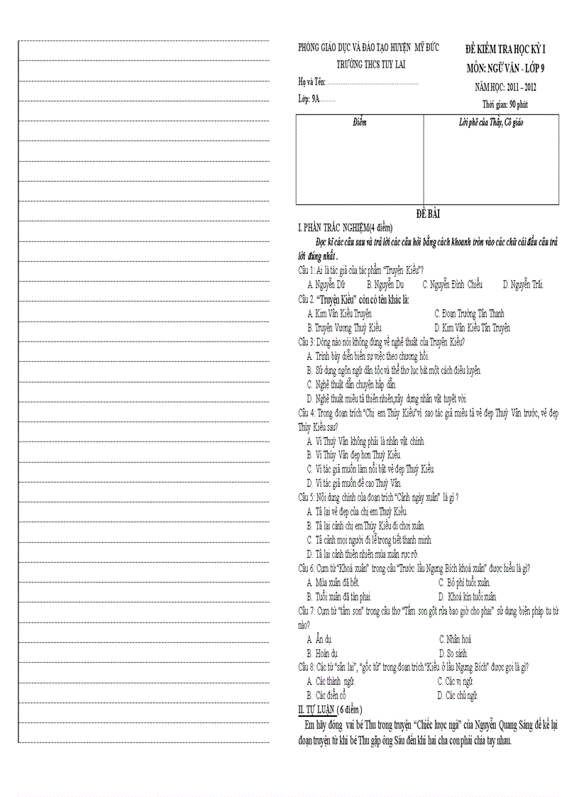 Đề kiểm tra học kỳ i môn văn 9