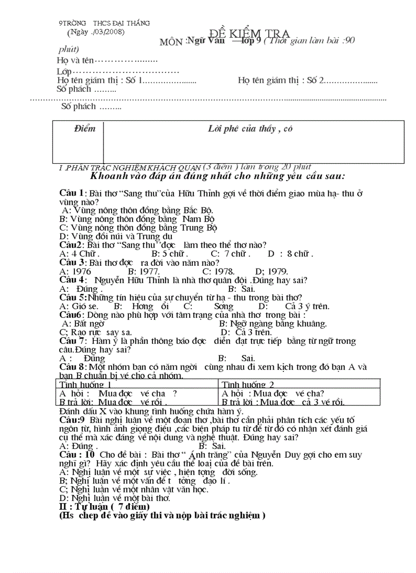 Đề thi học sinh giỏi Ngữ văn 9 năm học 2007 2008