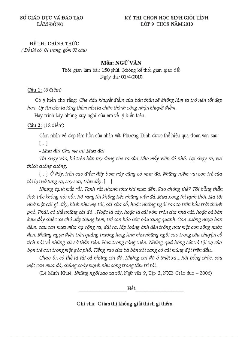 Đề thi học sinh giỏi Ngữ Văn 9