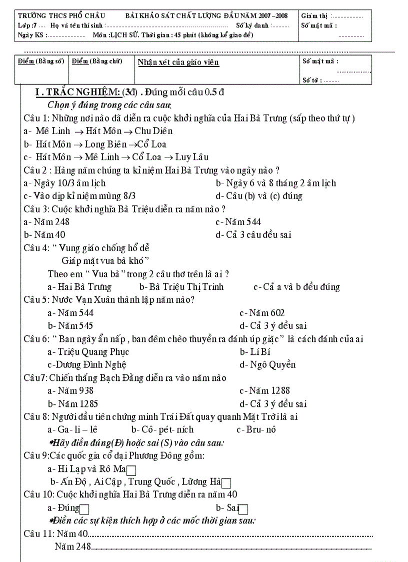 Đề KSCL Sử 7