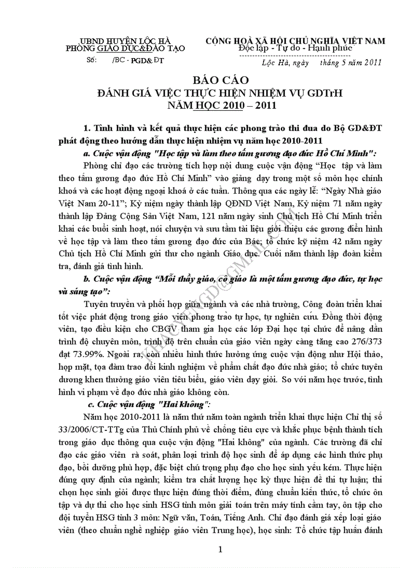 Báo cáo thực hiện nv năm học 2010 2011