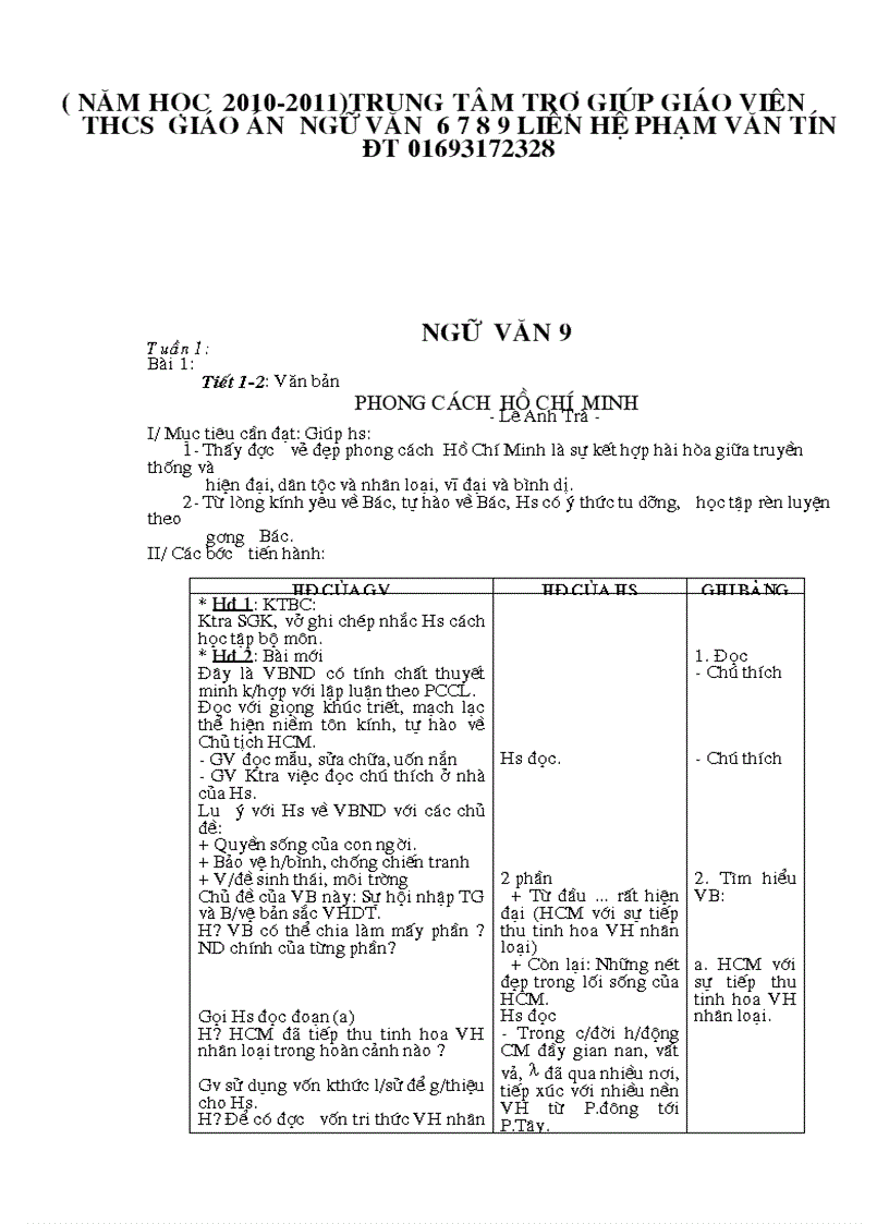 Giáo án ngữ văn 9 tron bộ 3 cột hà giang