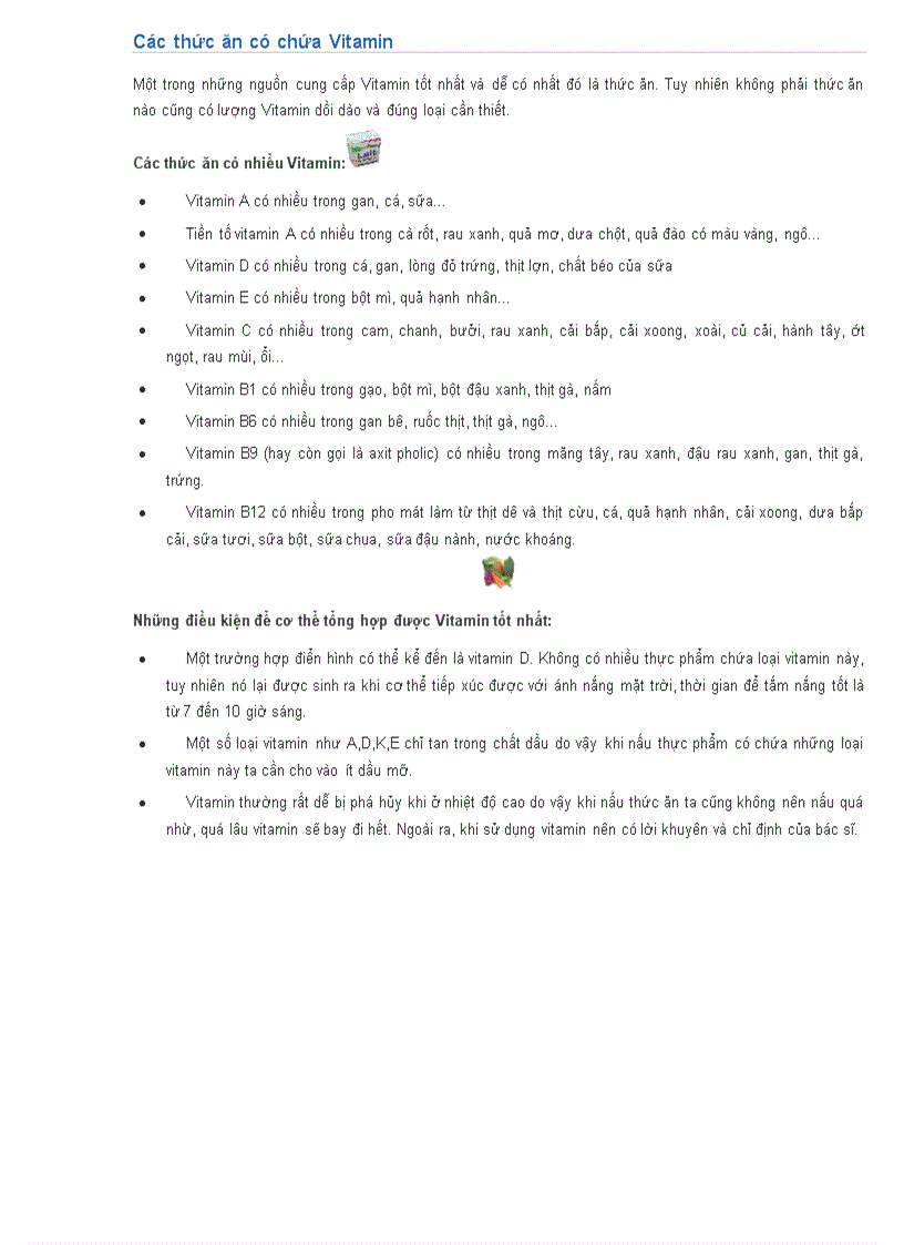 Các thức ăn có chứa Vitamin