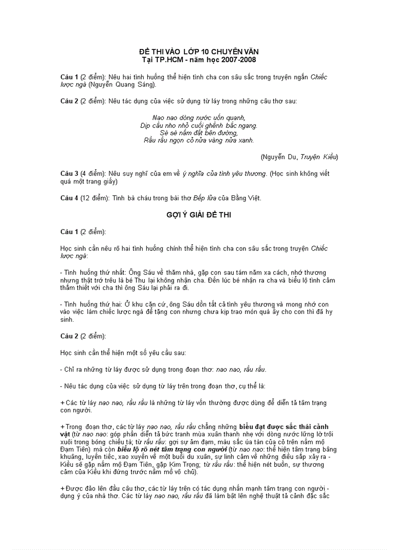 Đề và gợi ý đề thi chuyên văn TPHCM